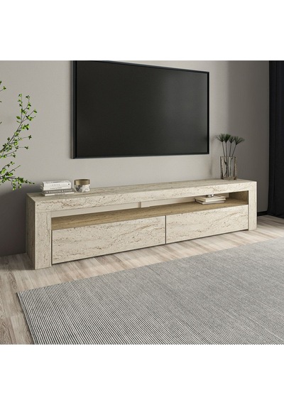 Batı LED Işıklı 2 Kapaklı TV Sehpası – 150 cm – Minimal Tasarım, Traverten