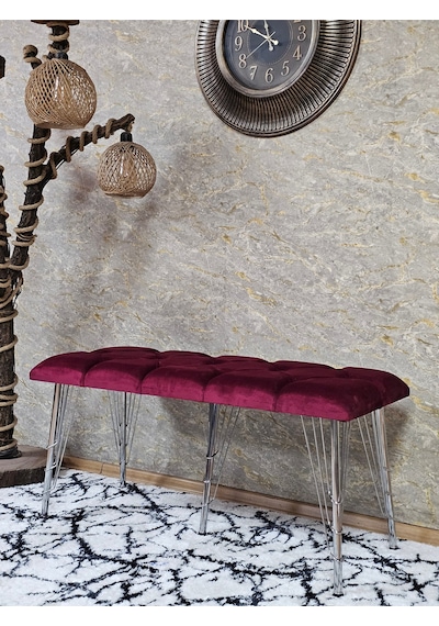 Zafir Metal Krom Tel Ayaklı 100 Cm Puf Bench - Puf - Bench - Oturak - Mutfak Oturağı - Antre Oturağı Bordo