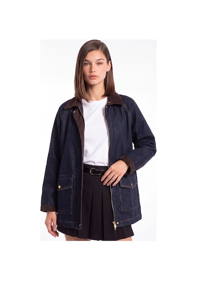 CEMO Kadın Denim Ceket Kadife Yaka Detaylı Fermuarlı Cepli Lacivert