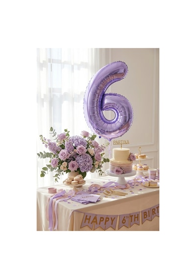 32 İnç Mor Rakam 6 Folyo Balon Çok Renkli