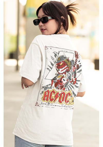 Ac Dc Rock Metal Müzik Grubu Sırt Baskılı Unisex Oversize Tişört Beyaz