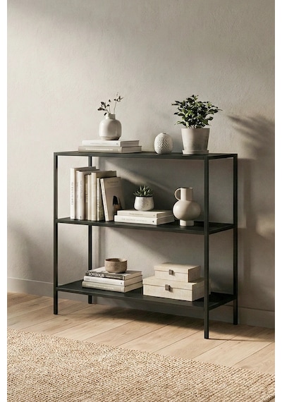 Vesta Modern Tasarım 3 Raflı Siyah Metal Kitaplık & Dekoratif Konsol Ahşap - Siyah Vesta Modern Tasarım 3 Raflı Siyah Metal Kitaplık & Dekoratif Konsol Ahşap - Siyah
