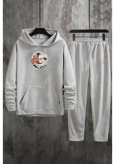 Uyguntarz Unisex Kanagawa Oki Nami Ura Baskılı Eşofman Takımı Gri