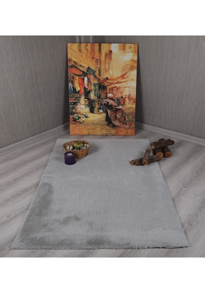 My Evilla Dekoratif Tavşan Tüyü Ultra Yumuşak Peluş Kaymaz Halı Yolluk Gri