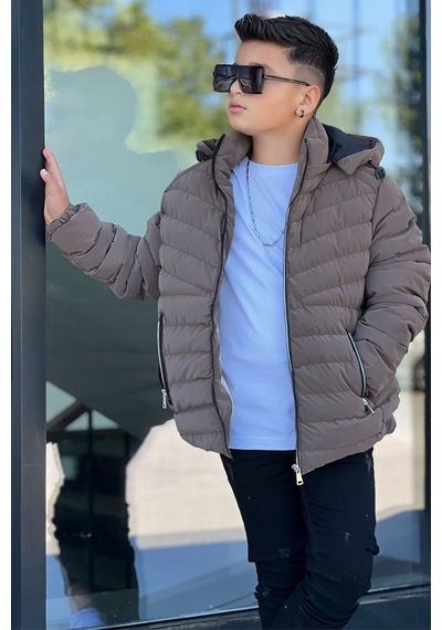 Pina Kids Erkek Çocuk Çıkarılabilir Kapüşonlu Sık Dikişli Nova Kumaş Kışlık Şişme Mont Km4016 Kahverengi