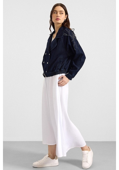 Olcay Kolu Boncuk İşlemeli Astarsız Denim Ceket Lacivert 8283