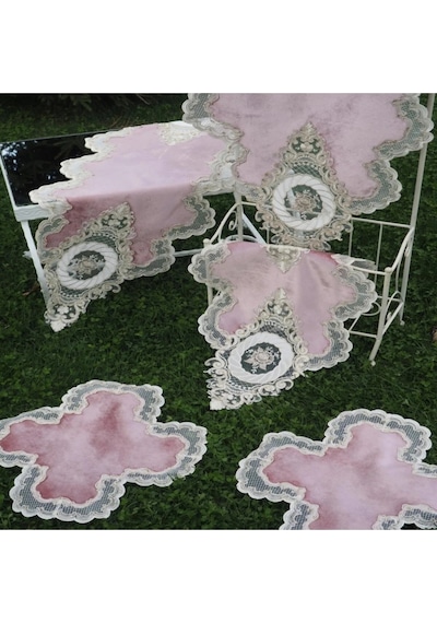 Mahidevran Aplikeli Güpürlü Kadife Pudra Salon Takımı 5 Parça 40x110 Cm 578 Pudra