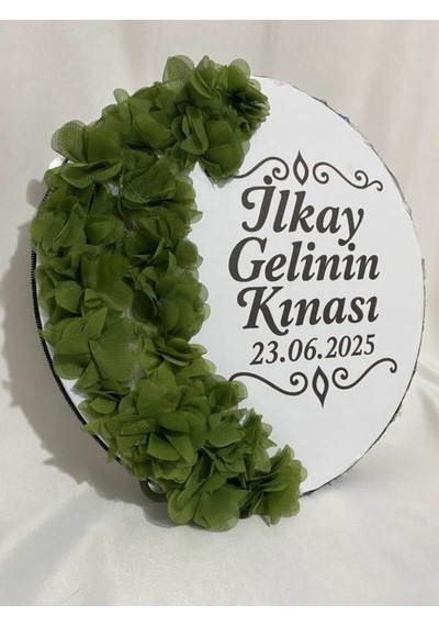 Gelin Tefi 30cm, İsim Ve Tarih Yazılı Yarım Ay Şeklinde Tasarlanmış Düğün Kına Tefi Yeşil