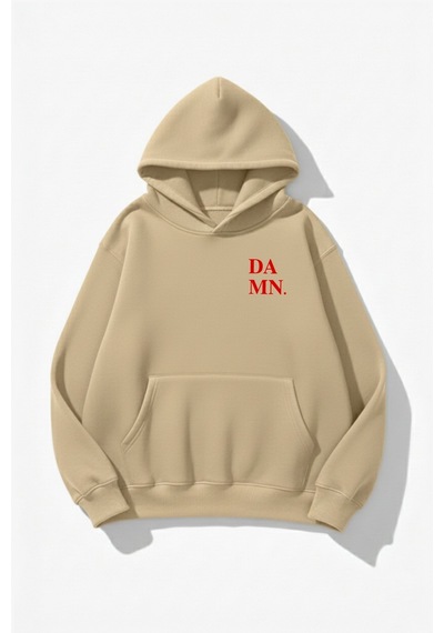 Uyguntarz Unisex Yumuşak Dokulu Damn. Baskılı Tasarım Oversize 3 İplik Hoodie Sweatshirt Bej