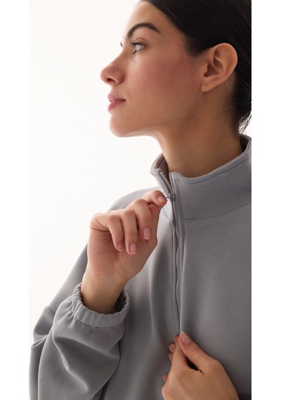 Penti Gri Silky Touch Dik Yaka Fermuarlı Crop Sweatshirt