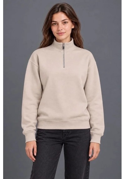 DefyModa Üç İplik İçi Şardonlu Dik Yaka Yarım Fermuarlı Kışlık Sweatshirt - Bej