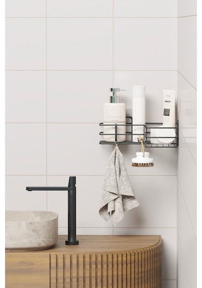 Zabata Yapışkanlı Banyo Köşeliği Köşe Rafı Duş Şampuanlık Duvar Düzenleyici Organizer Raf Siyah Metal Siyah