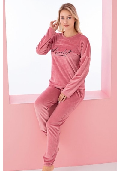 Farya Home Luxury Velvet Fransız Kadife Yazı Detaylı Pijama Takımı Pembe Açık Pembe