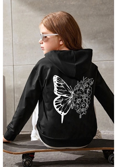 Uyguntarz Çocuk Drawing Butterflies Baskılı Sweatshirt Siyah