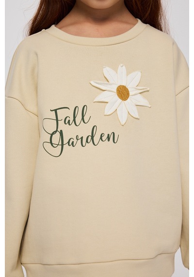 Panço Kız Çocuk Çiçek Motifli Sweatshirt Krem