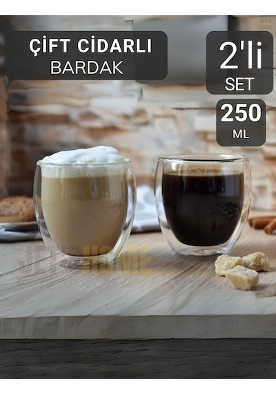 2 Li Set Kahve Bardağı 250 Ml Çay Bardağı Çift Cidarlı Bardak Cam Magnolya Bardağı Şeffaf