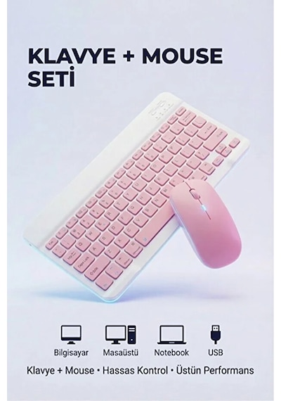 Kablosuz Bluetooth Klavye Ve Dongle Lı Mouse Seti Şarjlı Klavye Ve Fare Kombinasyonu Pembe