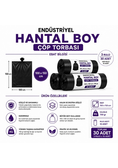 Liva Ambalaj Hantal Boy Çöp Torbası 100x150 Cm 750 Gr Endüstriyel Büyük Boy Çöp Poşeti 3 Rulo 30 Adet