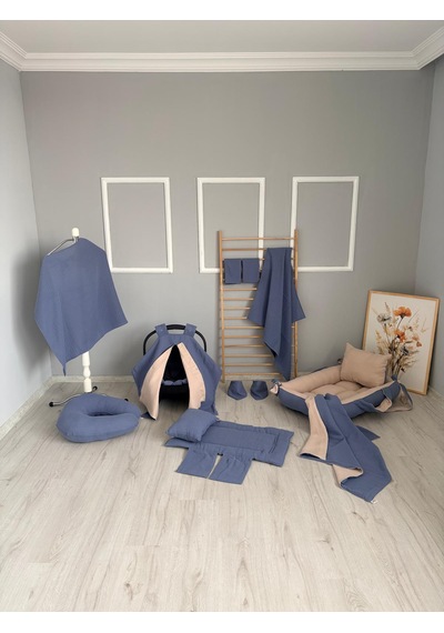 14 Parça Çift Katlı İndigo Müslin Bir Tarafı Vizon Pike Set