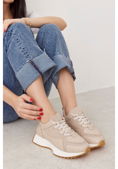 Sara Bej Hakiki Deri Bağcıklı Kadın Sneaker-Bej