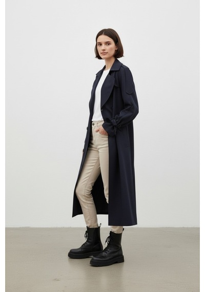 Durivya Kuşaklı Oversize Trençkot Lacivert