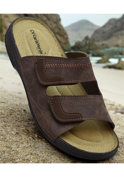 4412 Ortopedik Taban Erkek Terlik Erkek Cırtlı Terlik Sandalet Kahverengi