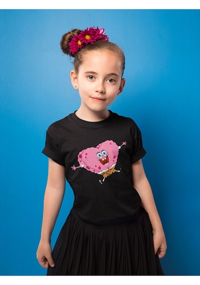 Sevbano Unisex Süngerbob Kalp Baskılı Çizgi Film Çocuk Tişört 1-12 Yaş Siyah