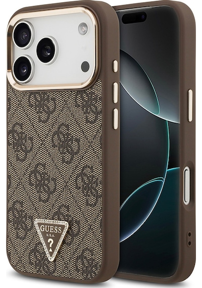 Apple Uyumlu iPhone 17 Pro Kılıf Guess Lisanslı M-safeli Gold Kamera Çerçeveli Taşlı Üçgen Logo 4g Desenli Kahve Kahverengi