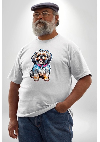 Angemiel Shih Tzu Renkli Köpek Beyaz Büyük Beden Kadın Erkek Ünisex Basic Ön Baskılı Tişört Beyaz