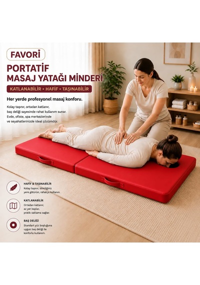 Masaj Yatağı Portatif Katlanabilir Masaj Yatağı Minderi 6 Cm Sünger 180x70 Cm Kırmızı