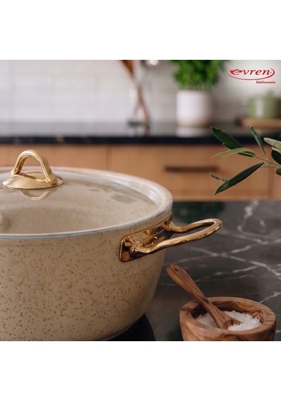 18 Cm Cream Ezme Seri Granit Derin Tencere, Non-stick Derin Tencere 1,6 Lt Gold Çelik Kulp 20 Cm