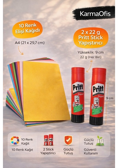 10 Lu Elişi Kağıdı A4 + 2 Li 22 Gr Pritt Stick Yapıştırıcı Seti Renkli Kağıt Okul Ve Etkinlik Seti