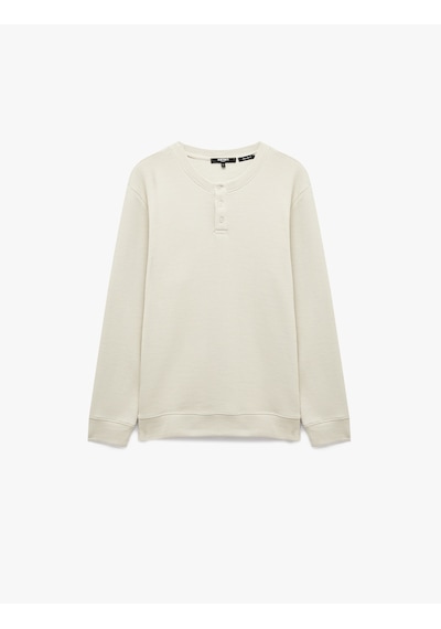 Koton Uzun Kollu Pamuklu Waffle Dokulu Henley Yaka Sweatshirt Bej 7wam70106mk Ekru