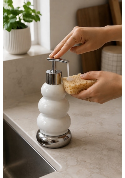 Trıo Dekoratif Premium 3 Boğumlu Sıvı Sabunluk 300 Ml Krom Görünümlü Pompalı Pastel Yeşil Banyo Ve Mutfak Sabun Dispenseri - 18,5 Cm X 7 Cm Beyaz