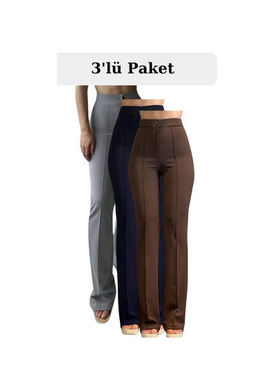 Thiff Gymwear Krep Kumaş Likralı Kadın Palazzo Pantolon 3'lü Set Gri-lacivert-kahverengi