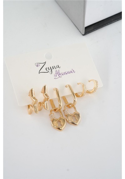 By Zeyna Aksesuar Kadın Vip Seri Zirkon Taşlı Karışık Figürlü 6'lı Küpe Seti-3984 Altın