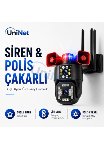Uninet 6mp Çift Lensli Dış Mekân Güvenlik Kamerası 355 Ptz Döner Başlık, Siren, Polis Çakarı Ve Çift Yönlü Ses