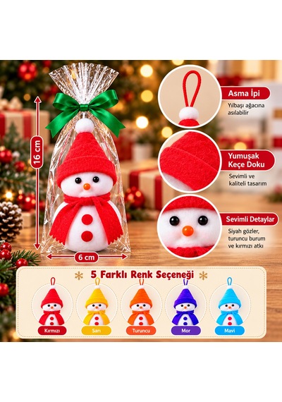 Bakgelal Yılbaşı Ağacı Süsü Kardan Adam Figürlü 16 Cm Keçe Şapkalı Ve Atkılı Asılabilir Dekoratif Süs Kırmızı Şapkalı - 9014074930881