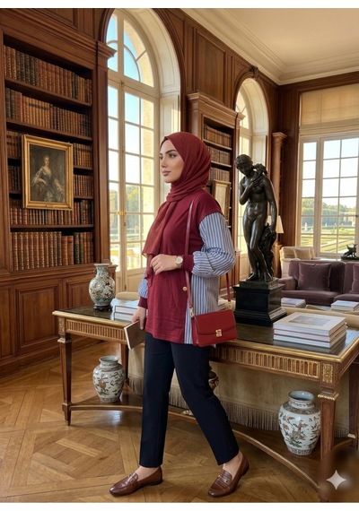 Peka Kadın Tesettür Tunik Çizgili Gömlek Detaylı Tunik Bordo Bordo