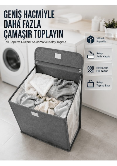 Modern Tasarımlı Duvara Monte Kirli Çamaşır Sepeti Pratik Saklama Çözümü 7010