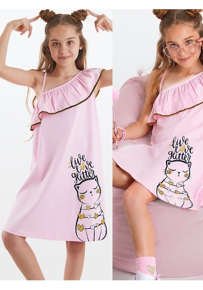 Denokids Kedi Kız Çocuk Yazlık Fırfırlı Penye Pembe Kız Elbise