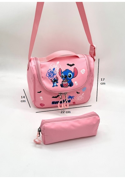 Stitch Desen Aksesuarlı Kore Tarzı Termal Beslenmeli Ve Kalemlikli Kız Çocuk Okul Sırt Çantası Seti Pembe