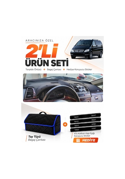 E-biz Mercedes Viano W639 2003-2014 Uyumlu Torpido Örtüsü + Tay Tüyü Çanta - Siyah-mavi - Mb022