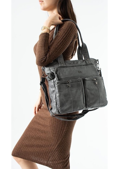 Baginn Retro Vegan Deri Kadın Omuz Çantası Y.s.deri Çok Cepli Çapraz Askılı Bayan Çantası 30 30 Cm Gri
