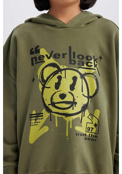 DeFacto Kız Çocuk Oversize Geniş Kalıp Kapüşonlu Baskılı Sweatshirt D1567A824WNKH210 Haki
