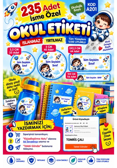 Astronot Okul Etiketi Kalem Defter Özel İsim Yazılabilen Sticker Çok Renkli