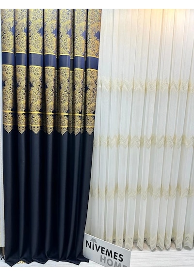 Nivemeshome Milas Lacivert-gold 671539 1/3 Sık Pileli Fon Perde Apm Lacivert-gold