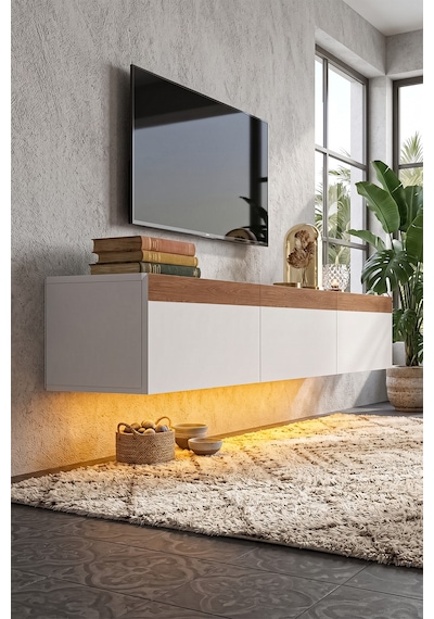 Pureline Tech Led Işıklı Tv Ünitesi 180 Cm - Modern Tv Sehpası - Beyaz Çam