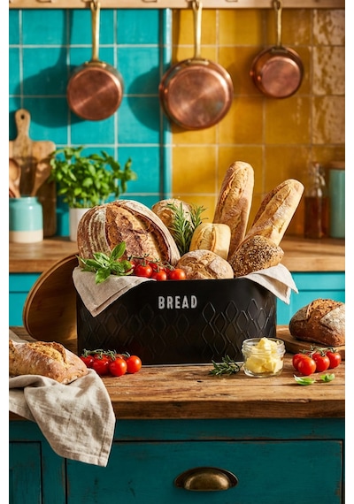 Makri Home Ekmeklik, Metal Ekmek Kutusu, Bambu Kapaklı Siyah Ekmek Sepeti, 34 X 19 X 16 Cm Siyah