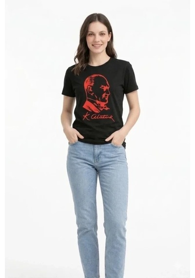 Defymoda Atatürk Baskılı Tişört Kısa Kollu Bisiklet Yaka T-shirt - Siyah